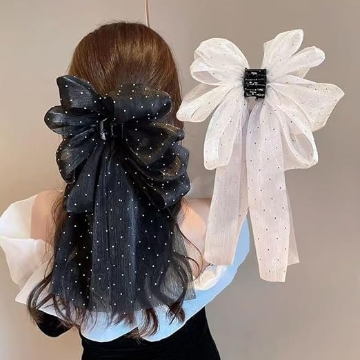 Samyak 2 Pcs Fashion Hair Claw with Long Tail Ribbon Big Bow Hair Clutcher Accessory For Women & Girls - Image 4