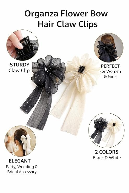 Samyak 2 Pcs Fashion Hair Claw with Long Tail Ribbon Big Bow Hair Clutcher Accessory For Women & Girls - Image 3