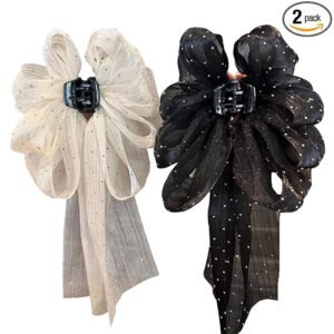Samyak 2 Pcs Fashion Hair Claw with Long Tail Ribbon Big Bow Hair Clutcher Accessory For Women & Girls