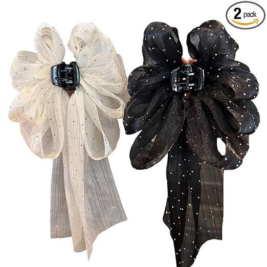 Samyak 2 Pcs Fashion Hair Claw with Long Tail Ribbon Big Bow Hair Clutcher Accessory For Women & Girls